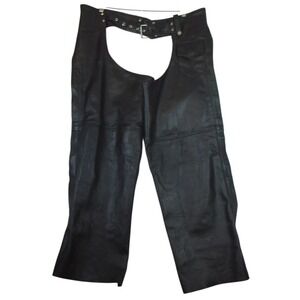 Zony Inc Black Leather Motorcycle Chaps Biker Riding Pants Mens XL Belted Zip